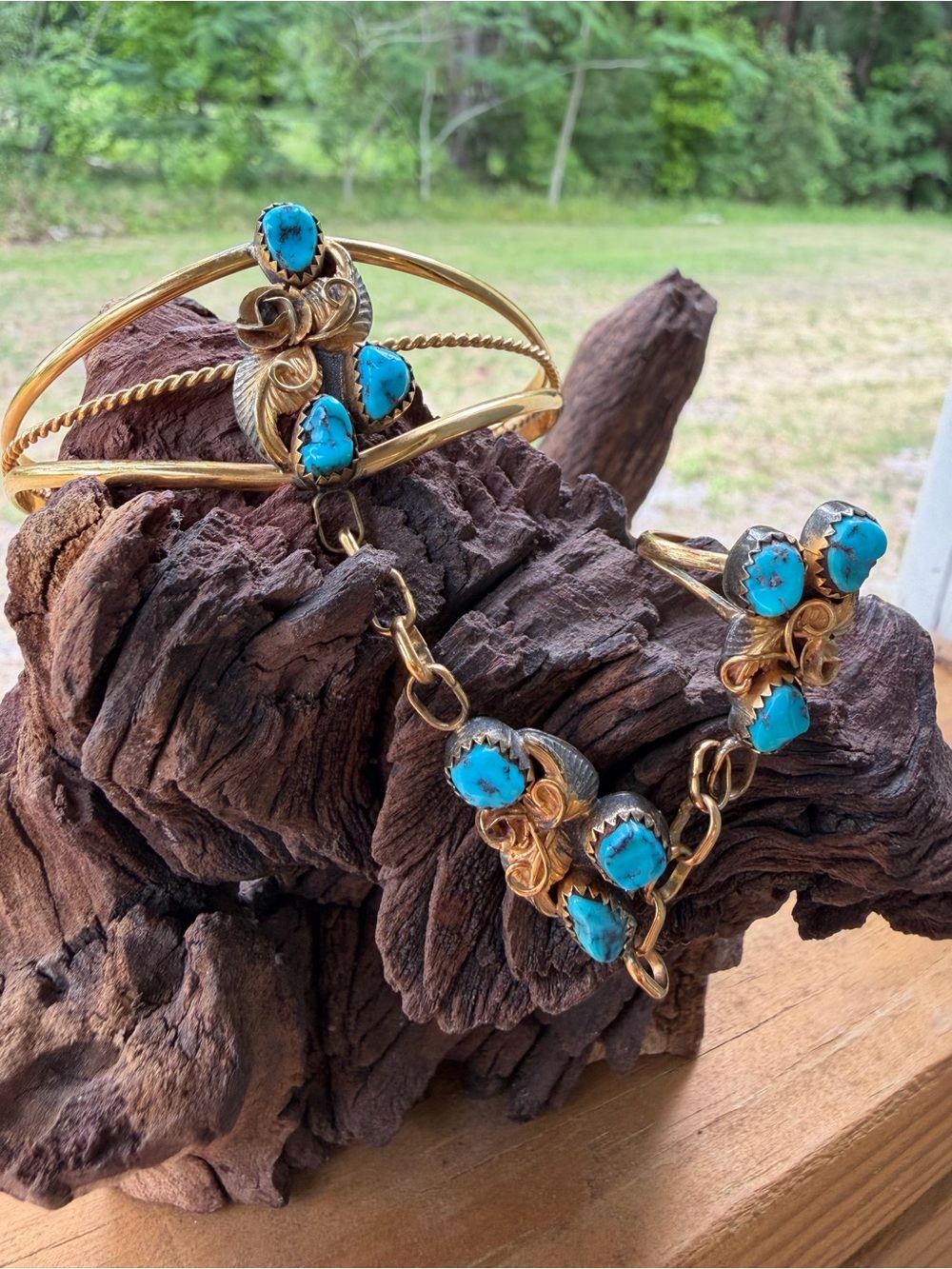 VTG Native American Slave Bracelet Ring Cuff Sterling Silver  Turquoise 12k GF